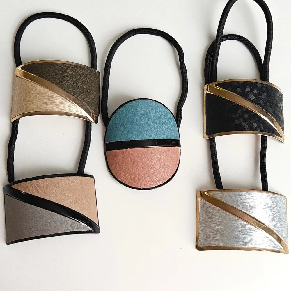 Geometric Hair Tie Set 5pc Modern Minimalist Metal Faux Leather Ponytail Holders